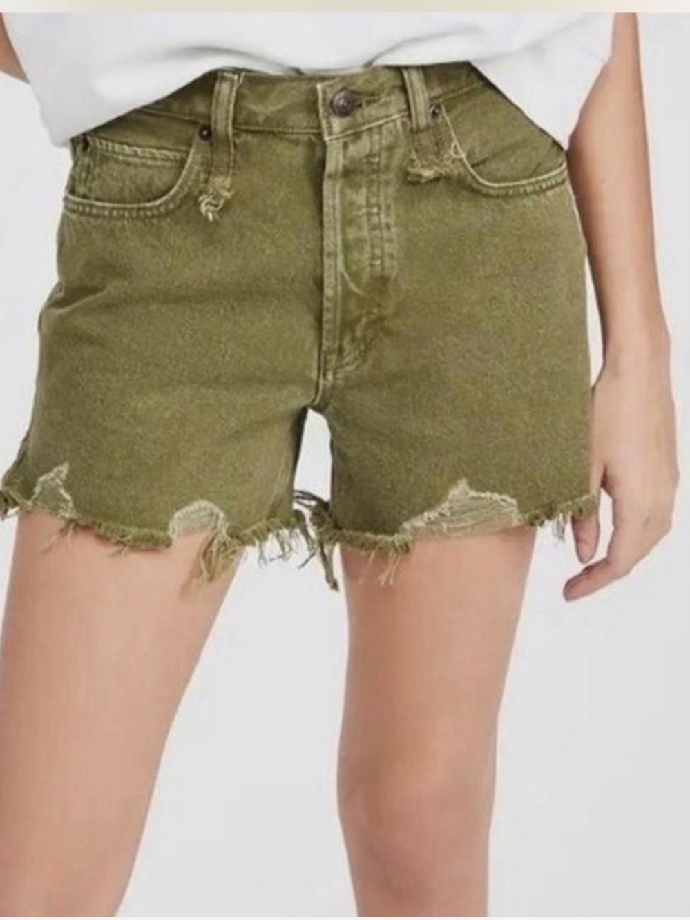 We The Free Olive Distressed Denim Shorts size 26